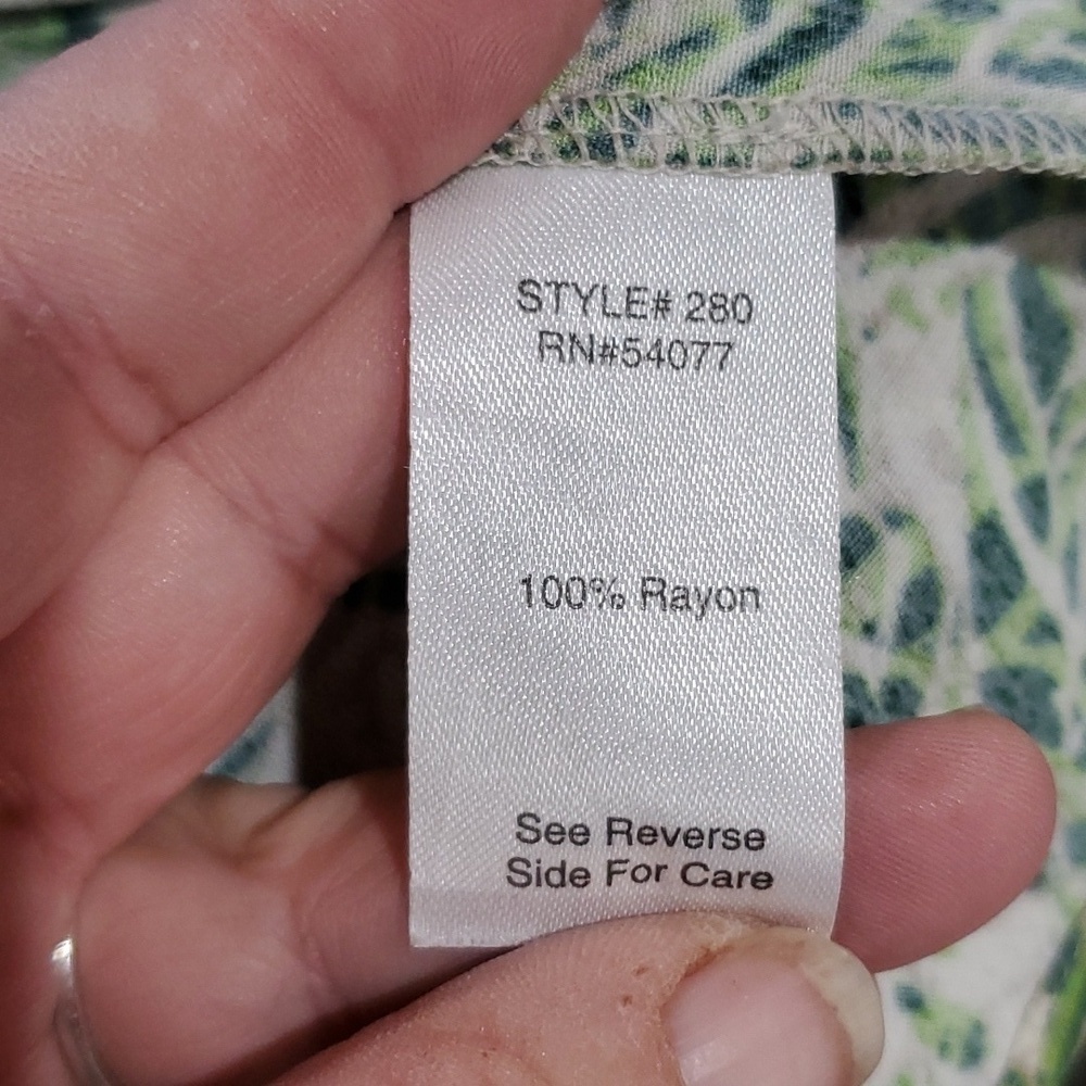 Cabi 3/4 sleeve faux wrap green tan leaf pattern mini dress - Picture 8 of 8